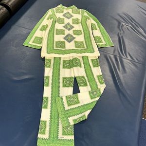 RARE!! Vintage MR. DINO MOD tunic & pant set Green & cream Mandala print 60s-70s